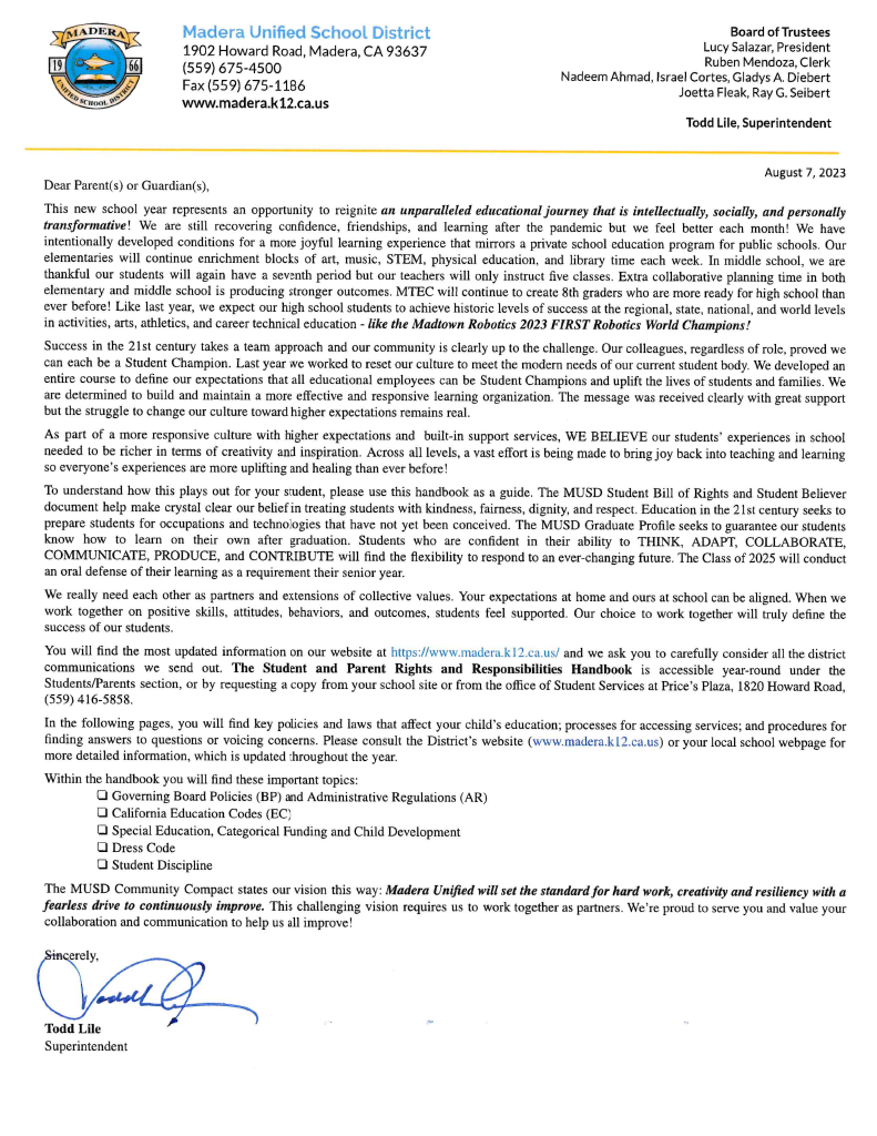 Superintendent's Letter 2023-2024 Superintendent's Letter 2023-2024